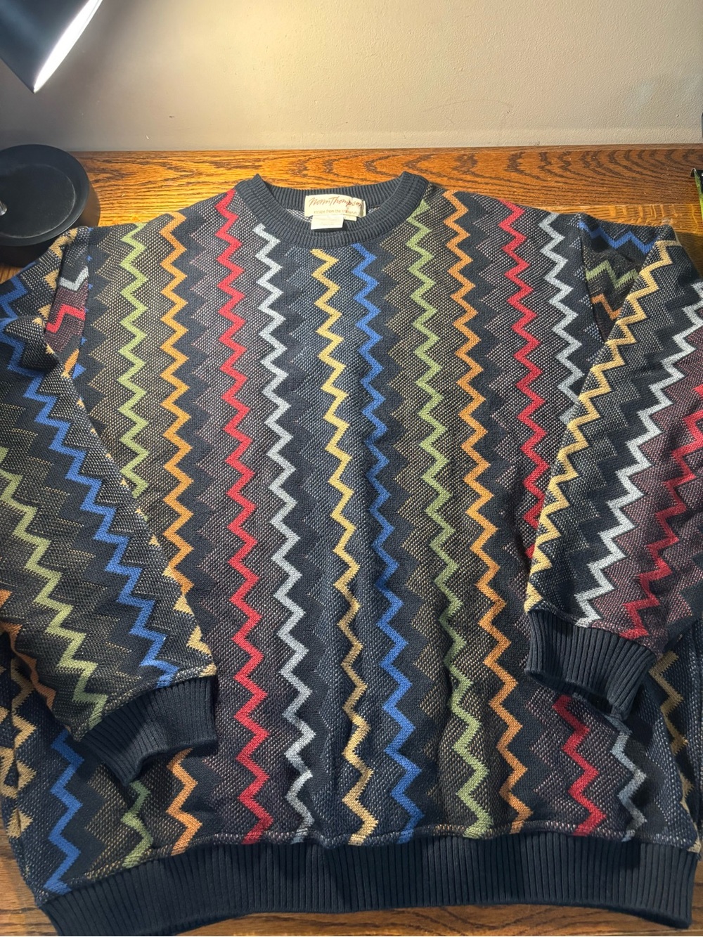 Norm Thompson Men's Crewneck Sweater - Navy with Multicolor Zigzag